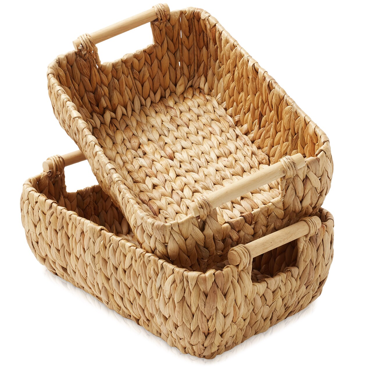 Casafield Set of 2 Water Hyacinth Seagrass Oval Storage Baskets with Wooden Handles - Woven Bin Organizers